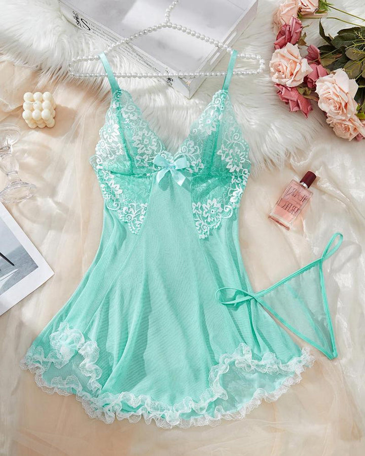Sexy Deep V Contrast Lace Mesh Bow Decoration Suspender Nightdress (With Thong)