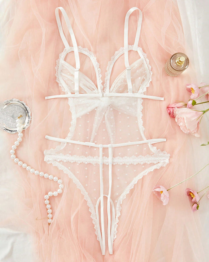 Sexy Floral Lace Bow Tie Open Crotch Hollow Polka Dot Mesh One-Piece Pajamas