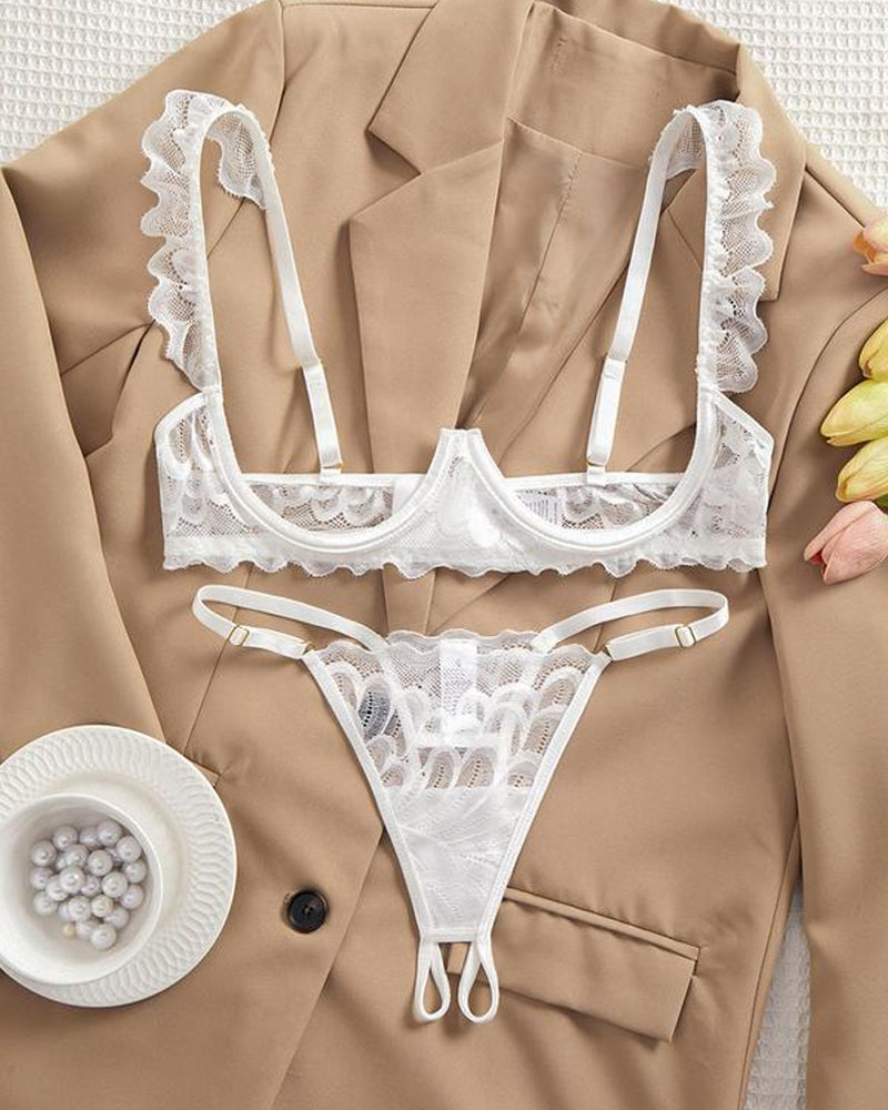 Women's Lace Sexy Underwire Spaghetti Straps Adjustable Bra and Open Crotch Design Thong Set