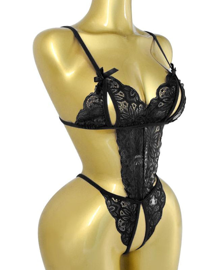 Women's Sexy Hollow Translucent Floral Lace Backless One-Piece Pajamas