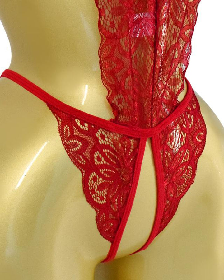 Women's Sexy Hollow Translucent Floral Lace Backless One-Piece Pajamas
