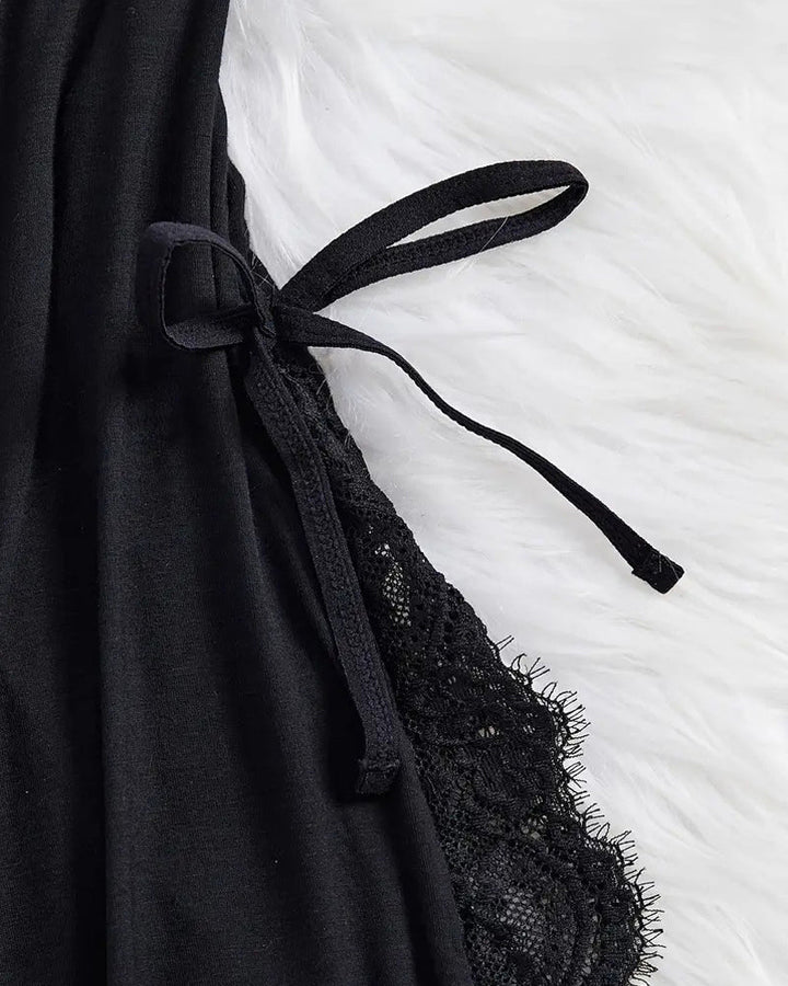 Sexy Bow Decorated Contrast Lace Suspender Nightdress Nightdress and Thong Set
