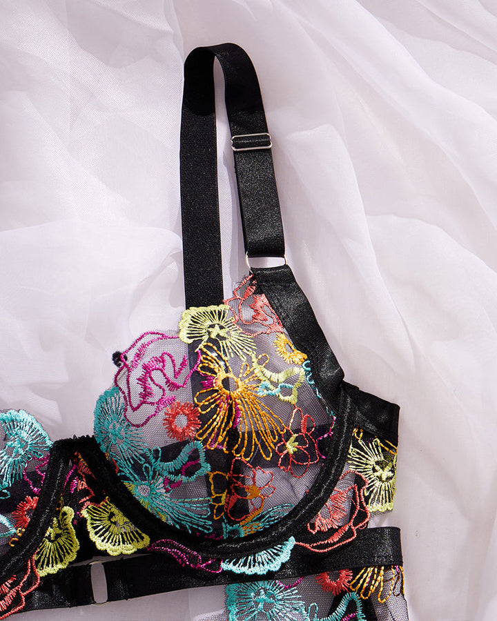 Colorful Flower Embroidery Sexy Lace Underwire Gathered Mesh Bodysuit