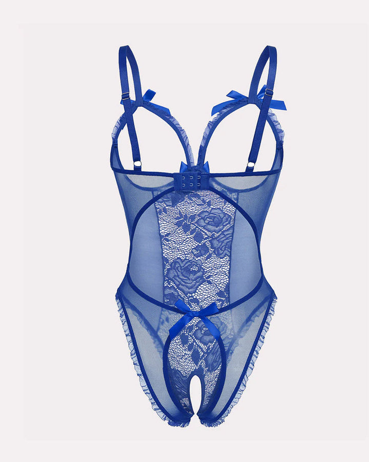 Sexy Flower Lace Mesh Stitching Chest Hollow Open Crotch One-Piece Pajamas