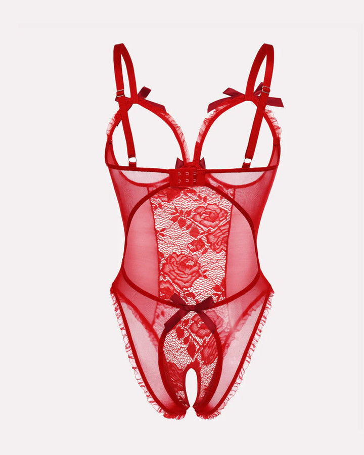 Sexy Flower Lace Mesh Stitching Chest Hollow Open Crotch One-Piece Pajamas