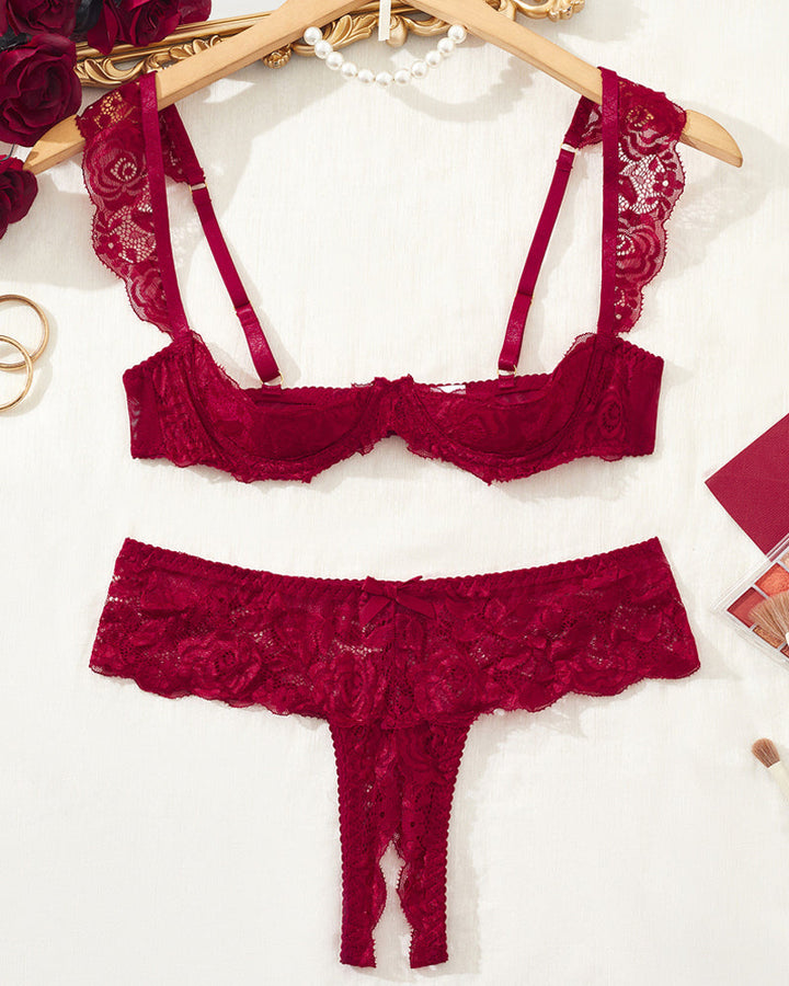 Sexy Lace Mesh Open Crotch Hollow Bra Underwear Set
