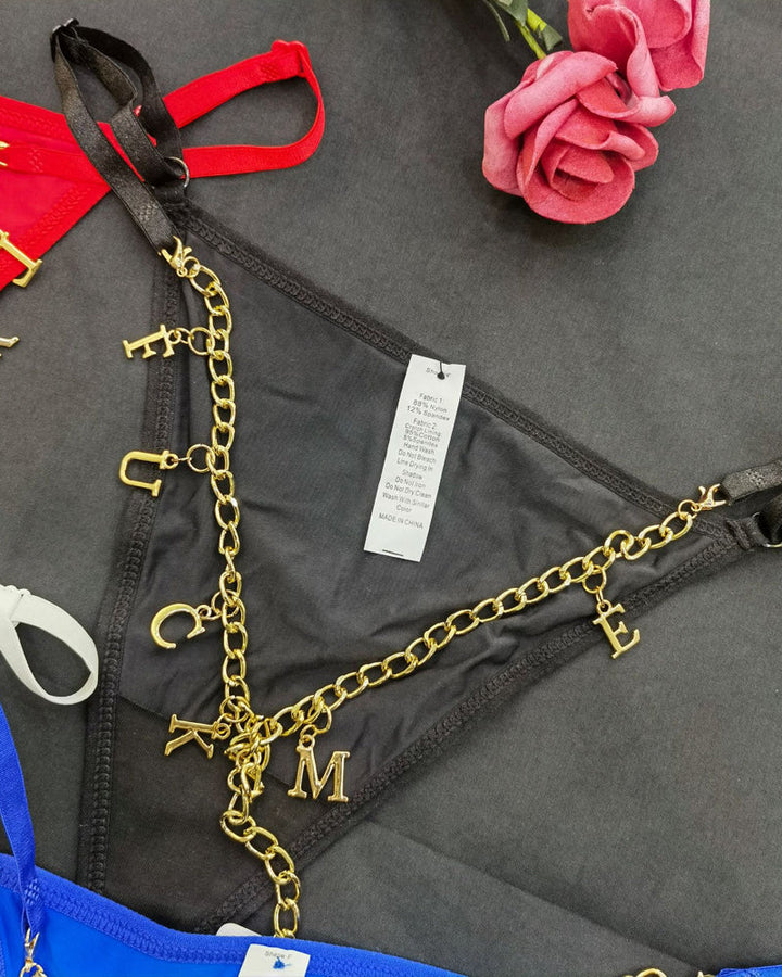 Sexy Gold Rhinestone Letter Chain Thongs