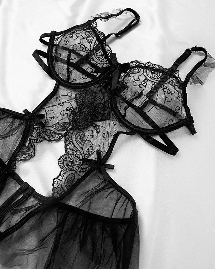 Sexy Lace Mesh Open Crotch Hollow Back One-piece Pajamas