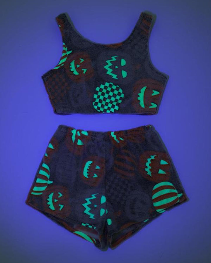 Halloween Flannel Luminous Pumpkin Ghost Print Vest and Elastic Waist Shorts Pajama Set