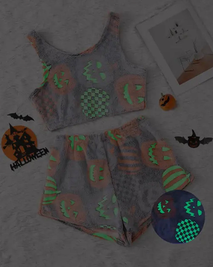Halloween Flannel Luminous Pumpkin Ghost Print Vest and Elastic Waist Shorts Pajama Set