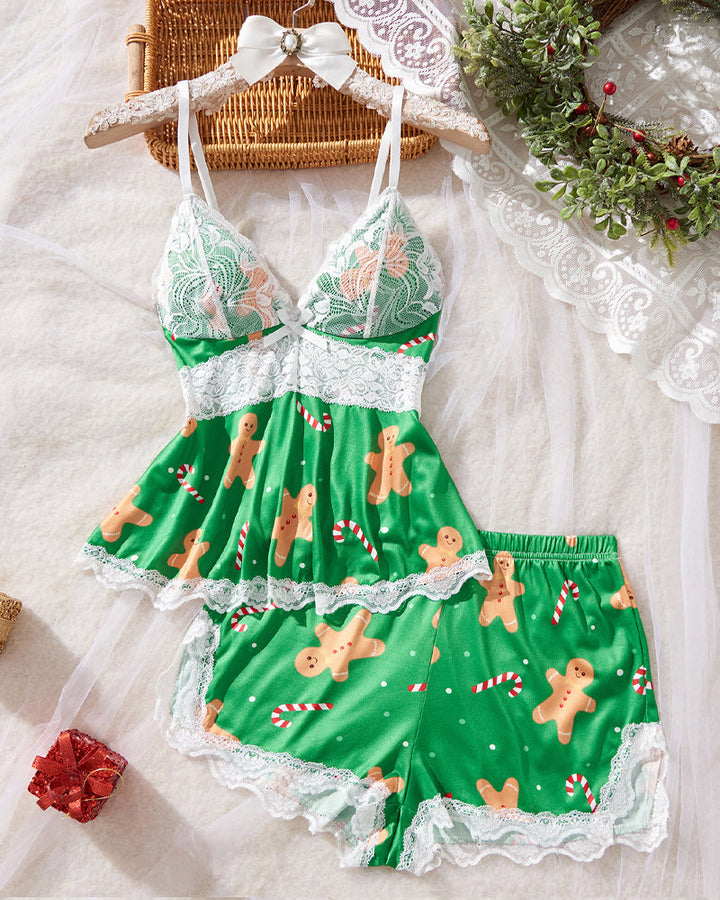 Sexy Halloween Print Lace Suspender and Shorts Loungewear Set