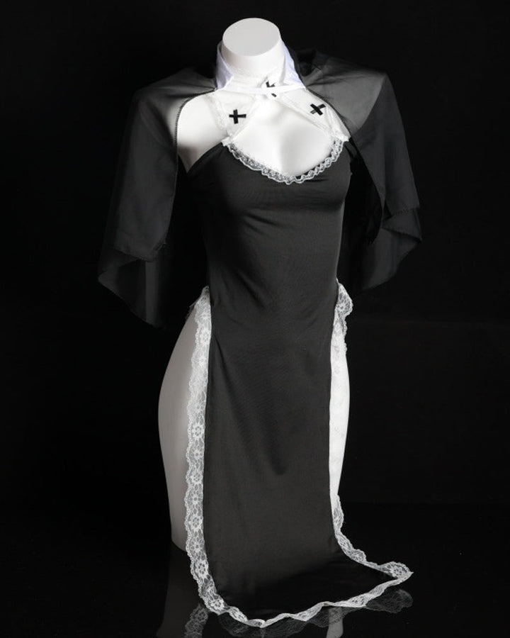Halloween Sexy Nun Costume Role Play Hollow Slit Long Dress with Stockings Set