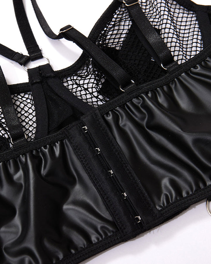 Sexy PU Leather Fishnet See-through Pajamas Set