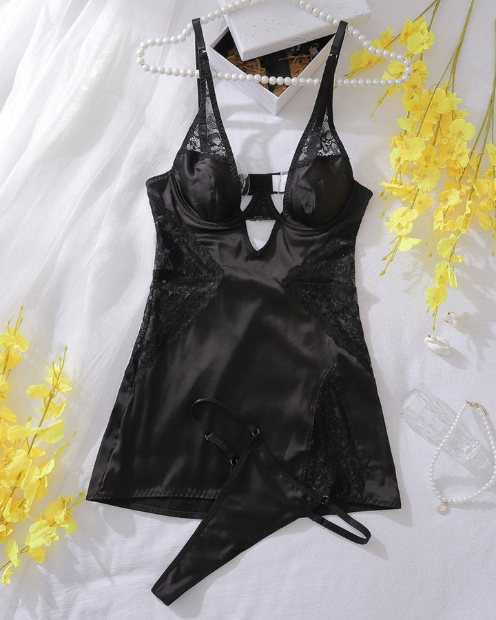 Sexy Slim-fitting Erotic Hollow Lace Splicing Nightdress