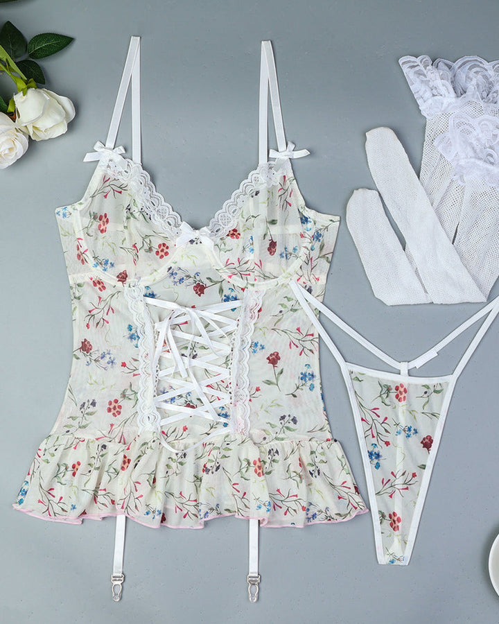 Floral Lace Stitching Stretch Mesh Sexy Pajamas and Stockings Set