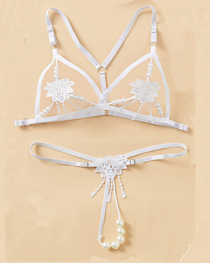 Women's Three-point Sexy Hollow Pearl Massage Underwear Set