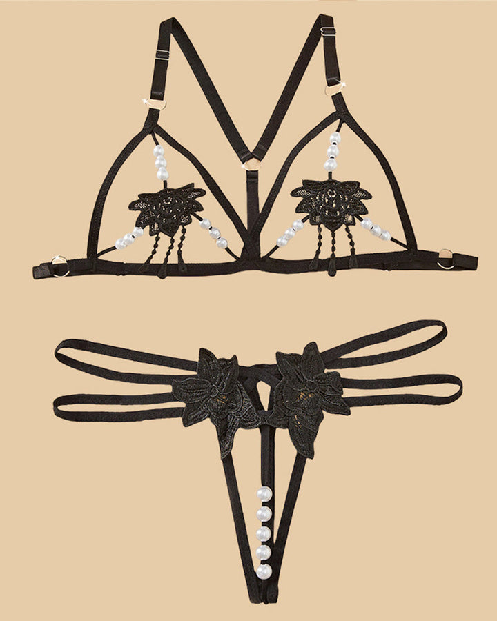 Women's Three-point Sexy Hollow Pearl Massage Underwear Set