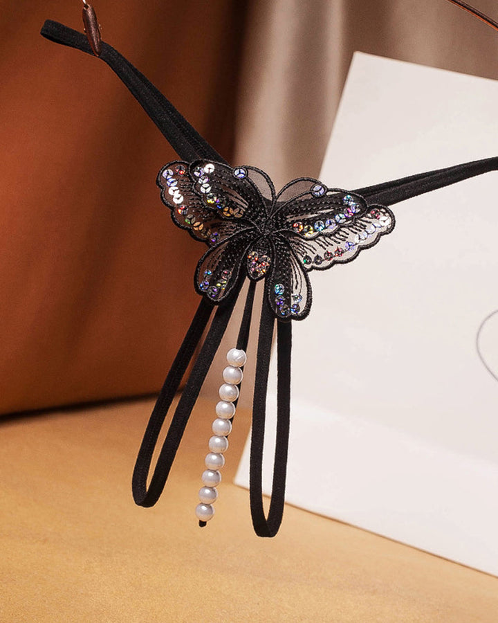 Sexy Sequin Butterfly Embroidered Open Crotch Massage Pearl Thong