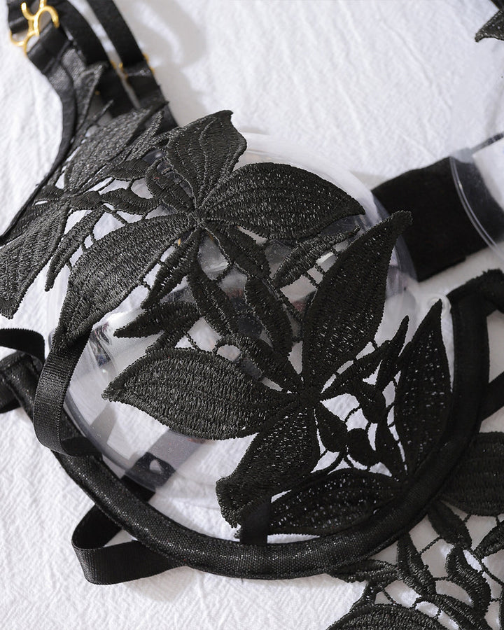 Sexy Floral Embroidery Hollow Heavy Craft Chain Bracelet Shaping Bodysuit Set