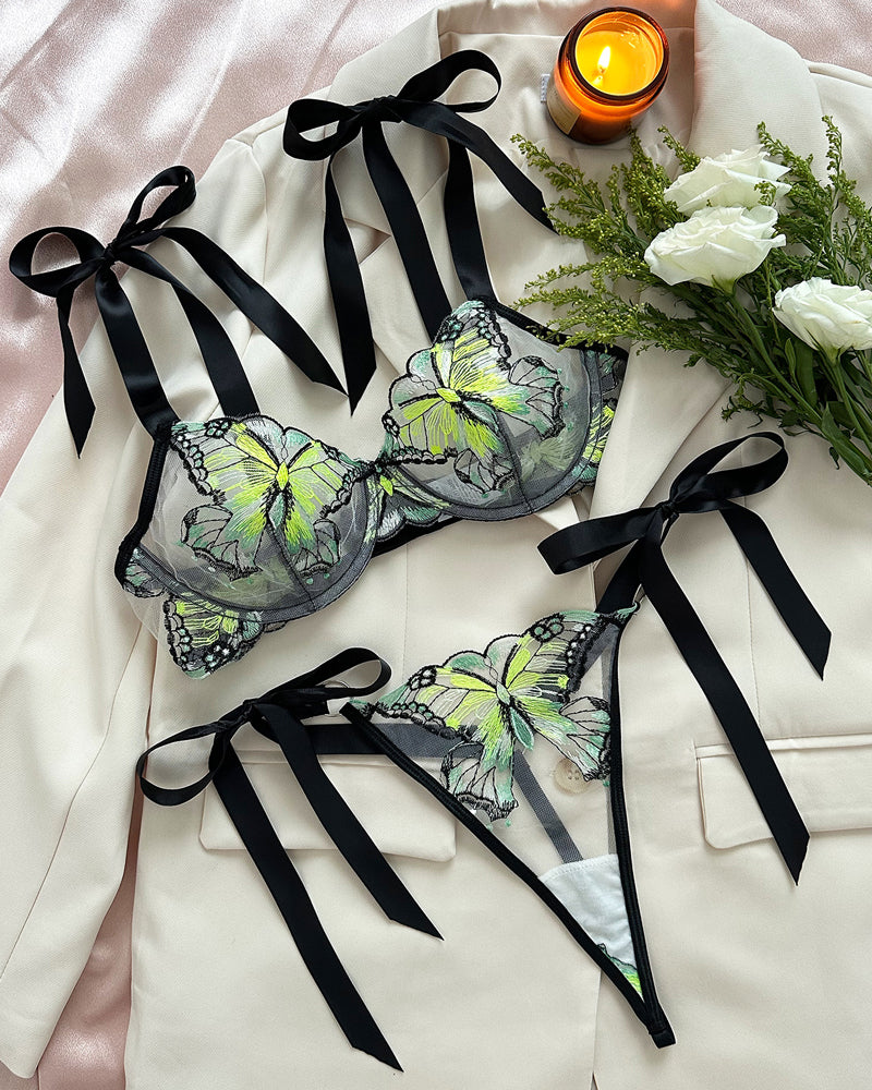 Butterfly Mesh Embroidery See-Through Temptation Sexy Lingerie Set