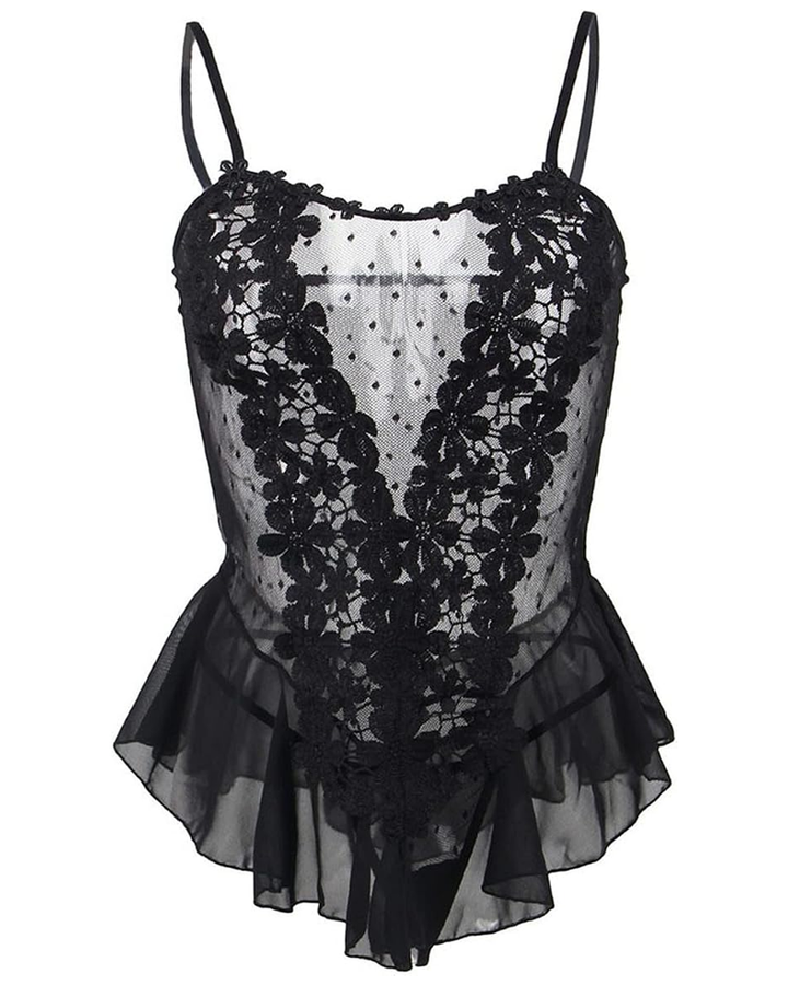 Plus Size Floral Lace Mesh Ruffle Babydoll Lingerie