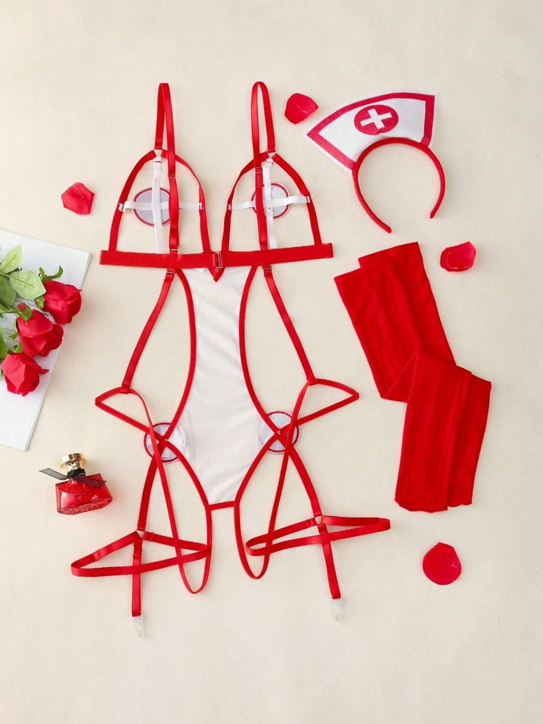 Nurse Costume Lingerie White Red Cross Teddy Bodysuit Garter Harness Set