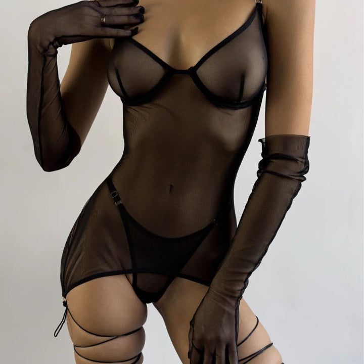 Mesh Long Sleeve Corset Three Pieces Set