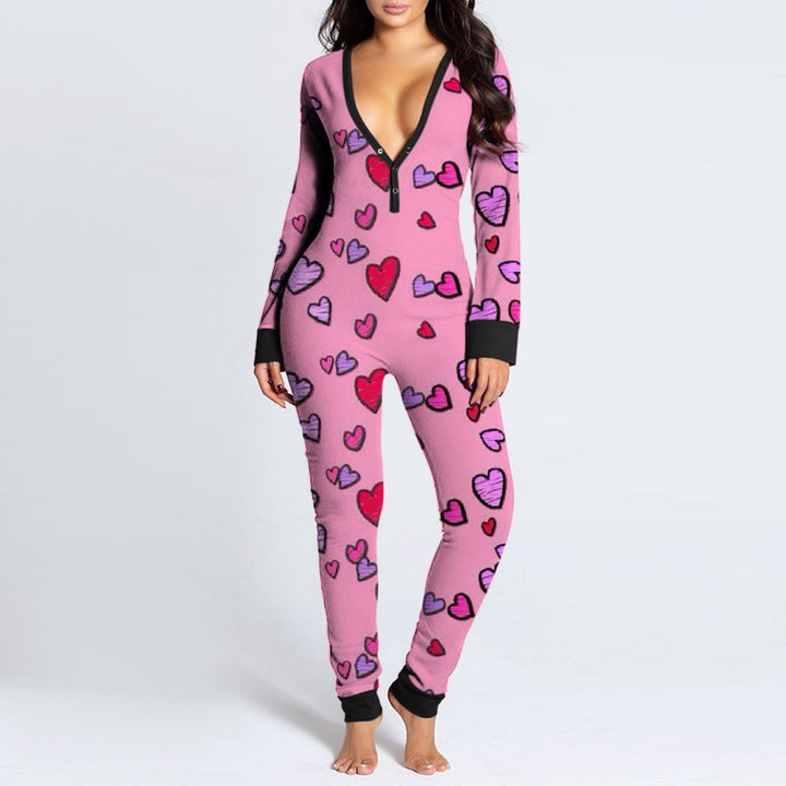 Women Sexy Heart Print V Neck Buttoned Flap Jumpsuit