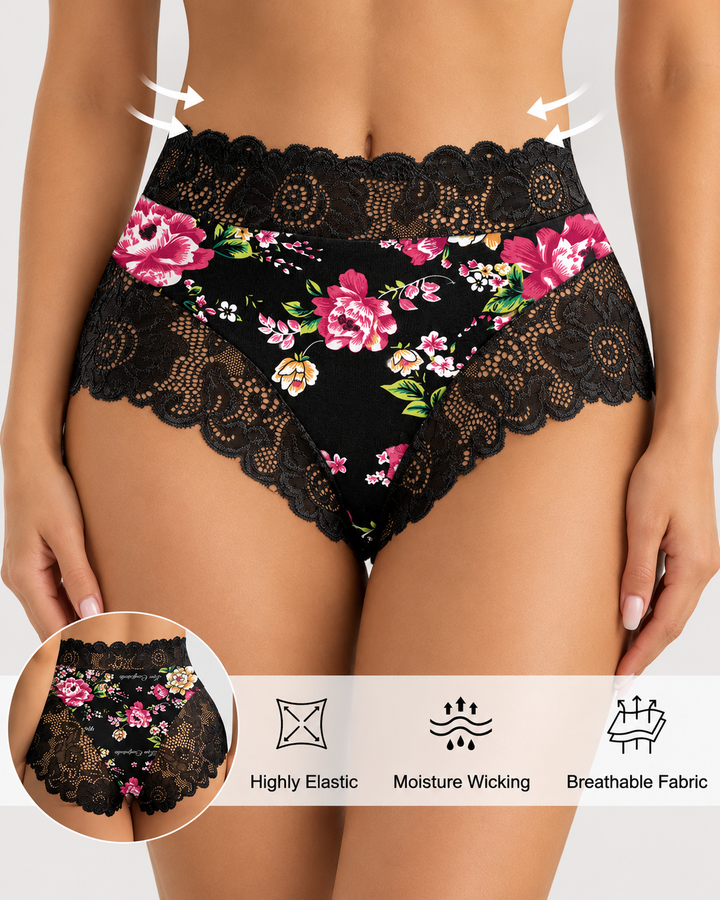 3-Pack High Waist Floral Print Lace Trim Panties