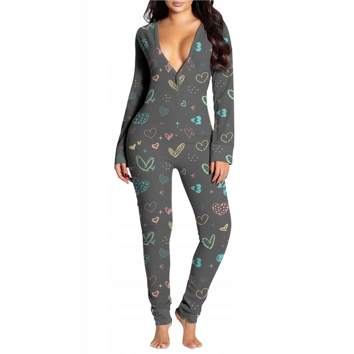 Women Sexy Heart Print V Neck Buttoned Flap Jumpsuit