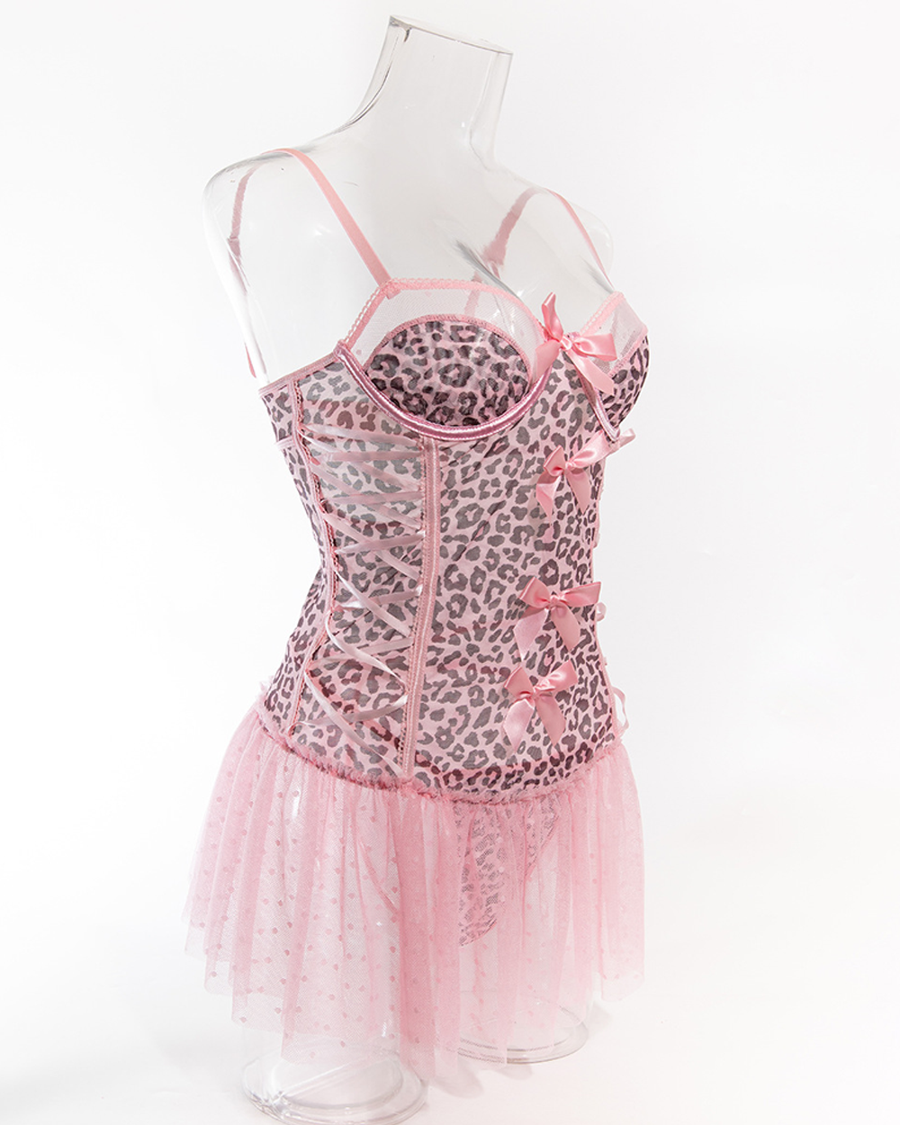 Sexy Leopard Print Lace-Up Bustier Lingerie Dress with Thong