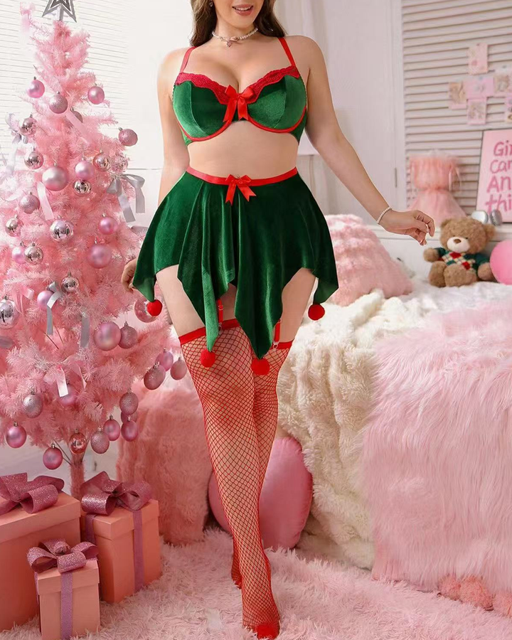 Plus Size Christmas Elf Lace Lingerie Set with Fishnet Stockings
