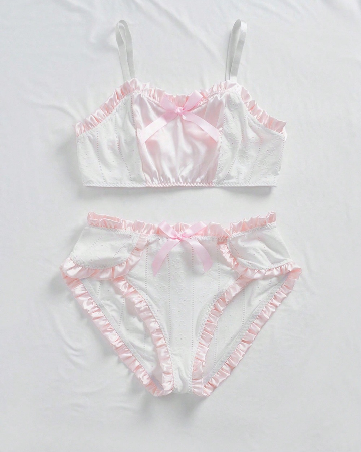 White Satin-Look Lingerie Set with Pink Ruffle Trim and Bow Details