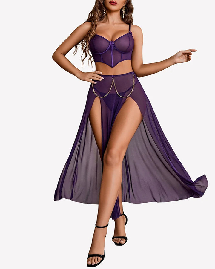 Sheer Mesh Bustier Top & High Slit Maxi Skirt Lingerie Set