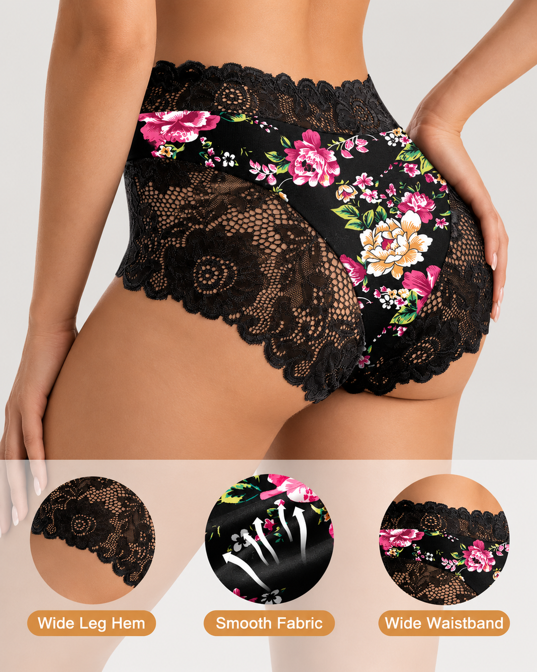3-Pack High Waist Floral Print Lace Trim Panties