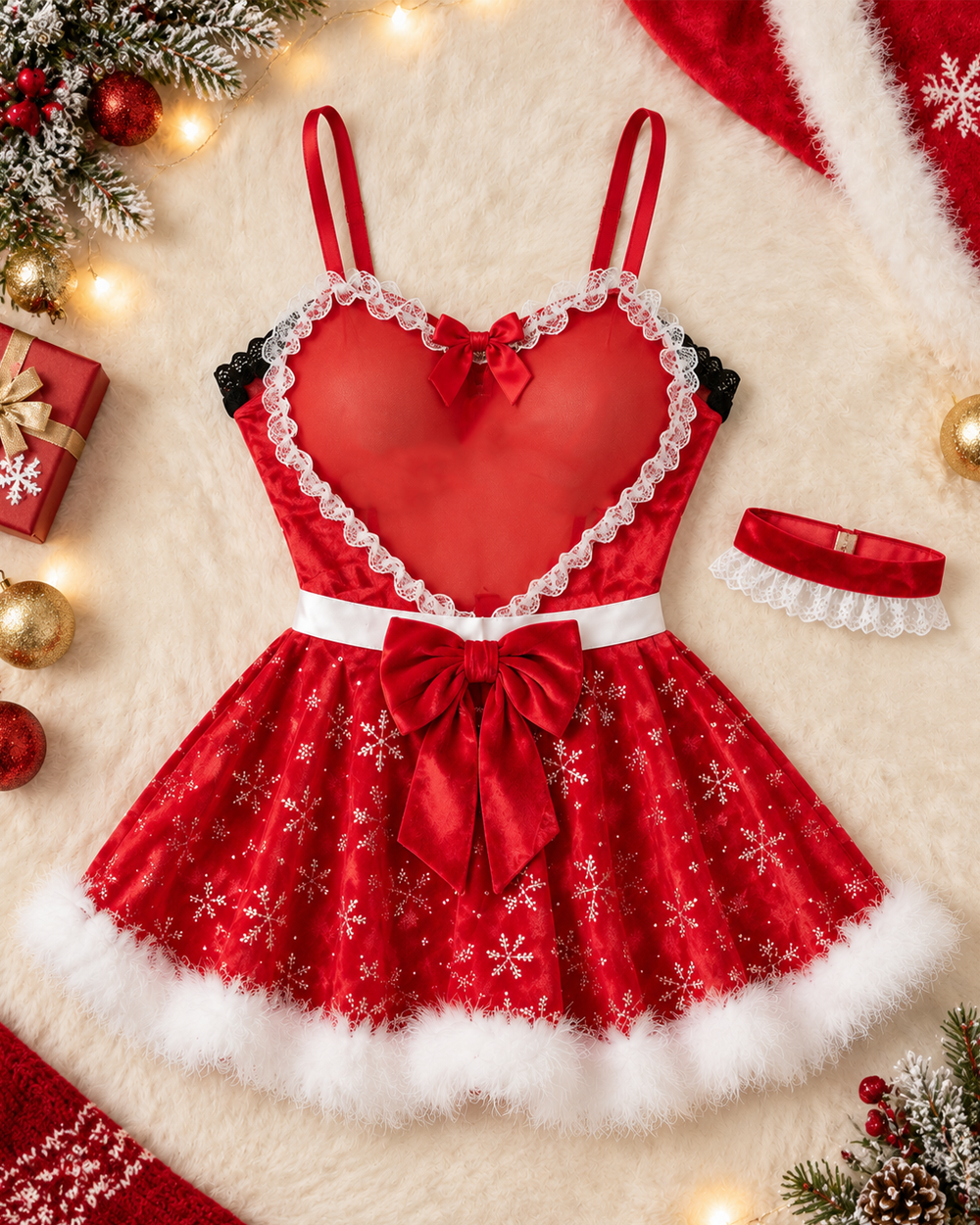 Christmas Snowflake Lingerie Dress with Heart-Shaped Mesh Bodice