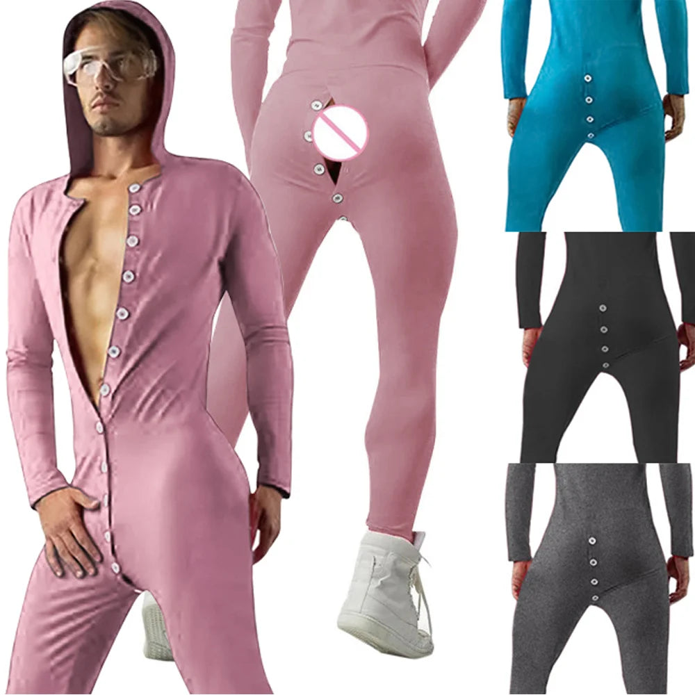Men's Solid Cozy Button Down Sexy Skinny All-in-One Jumpsuit