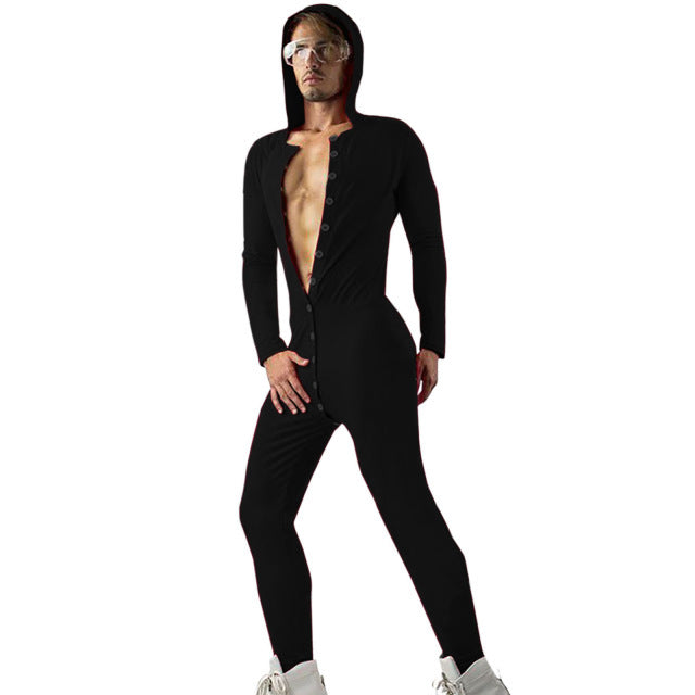 Men's Solid Cozy Button Down Sexy Skinny All-in-One Jumpsuit