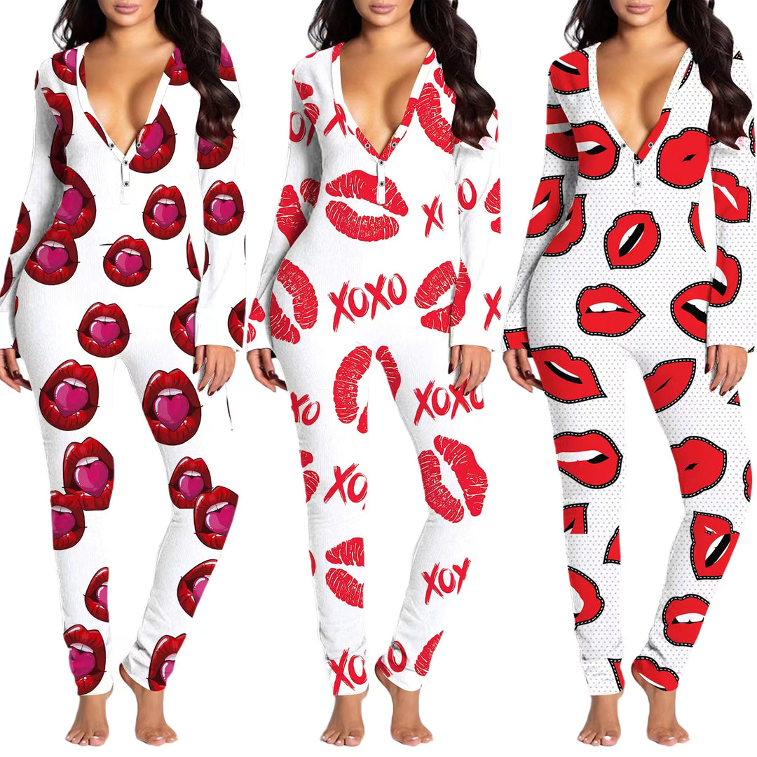 Women Sexy Heart Print V Neck Buttoned Flap Jumpsuit