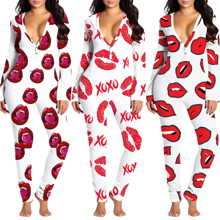 Women Sexy Heart Print V Neck Buttoned Flap Jumpsuit