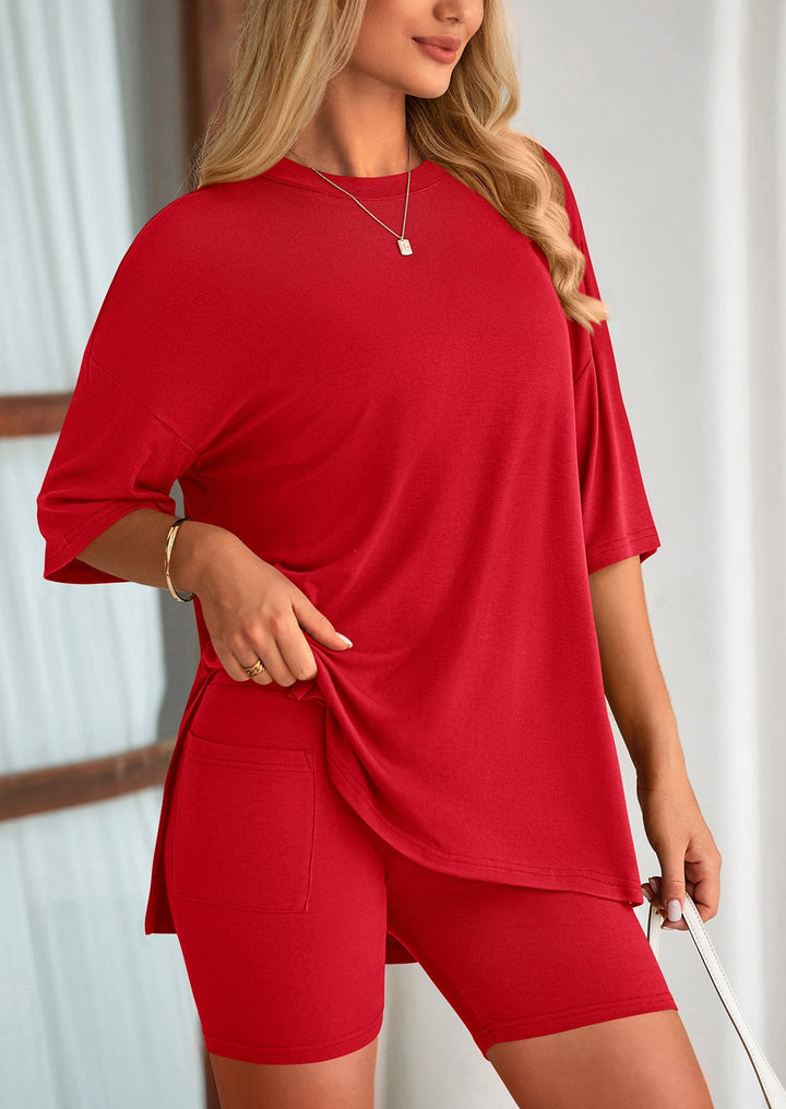 Women's Two-Piece Casual Sports Loose Shirt Cycling Shorts Suit
