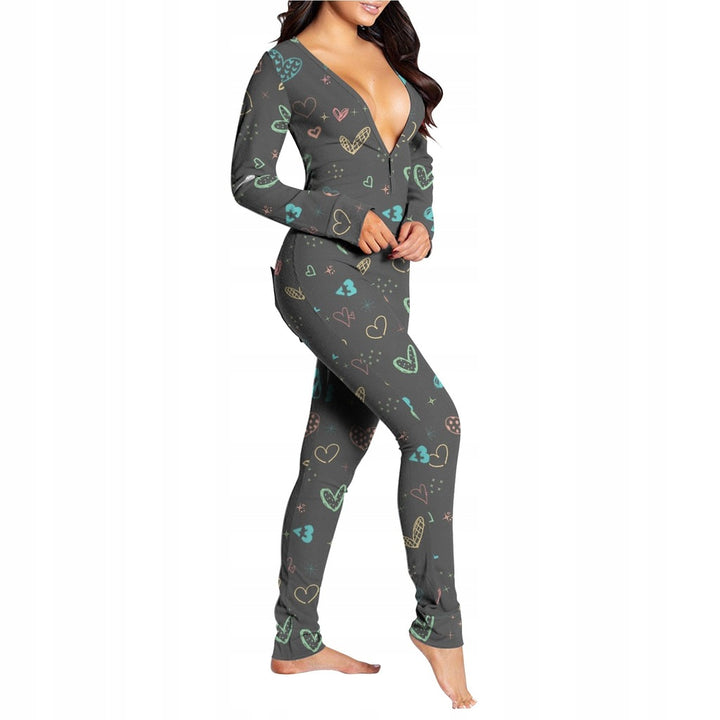Women Sexy Heart Print V Neck Buttoned Flap Jumpsuit