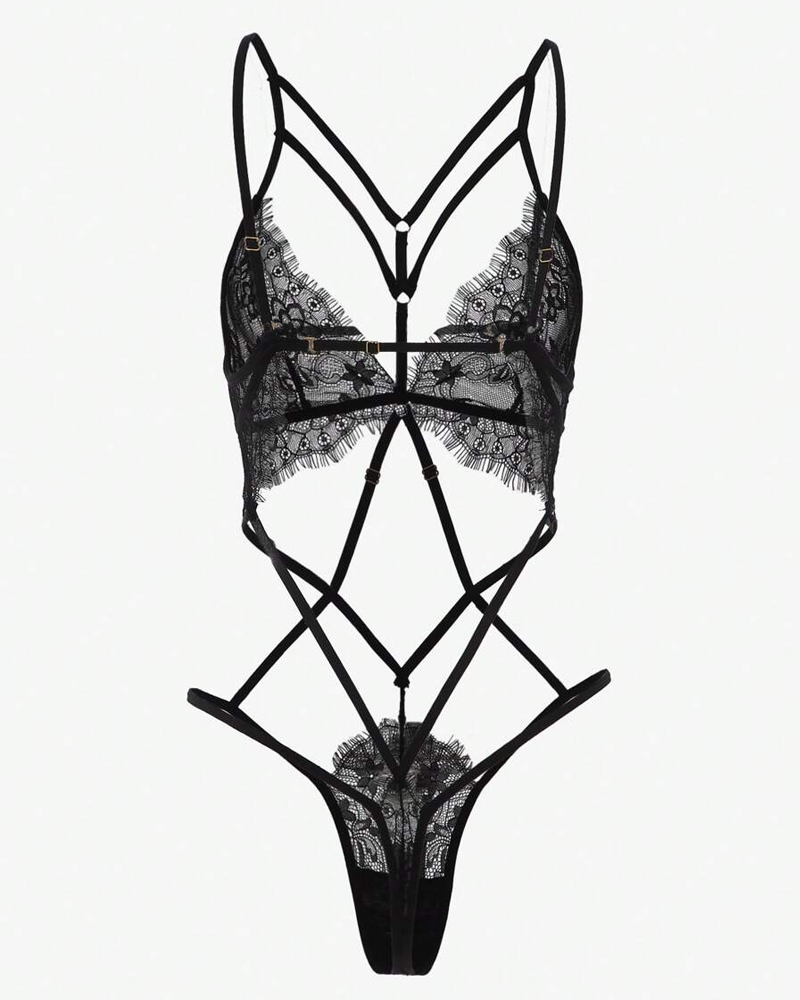 Sexy Floral Lace Crisscross Strappy Cutout Thong Bodysuit