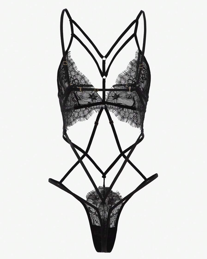 Sexy Floral Lace Crisscross Strappy Cutout Thong Bodysuit
