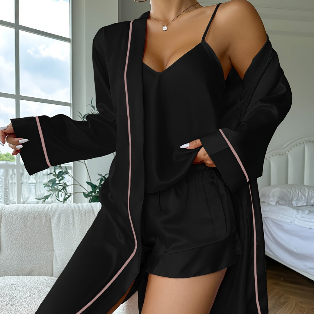 Ice Silk Camisole Shorts Robe Three-piece Loungewear Set