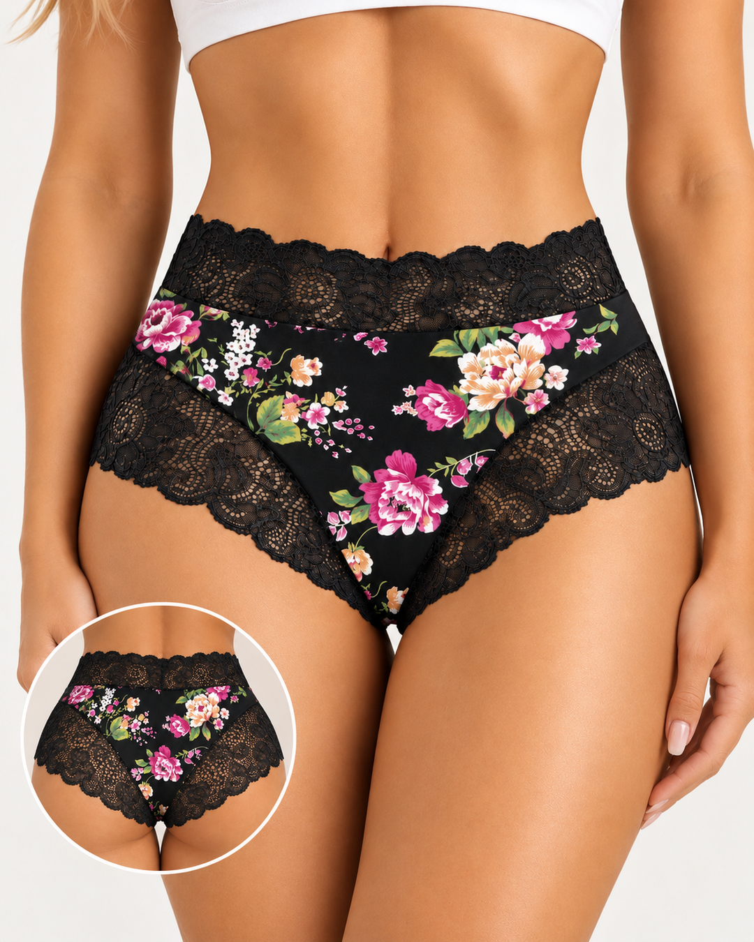 3-Pack High Waist Floral Print Lace Trim Panties