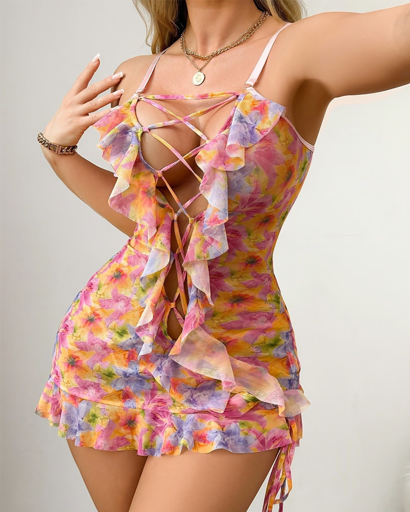 Printed Lace-Up Cutout Lingerie Nightdress