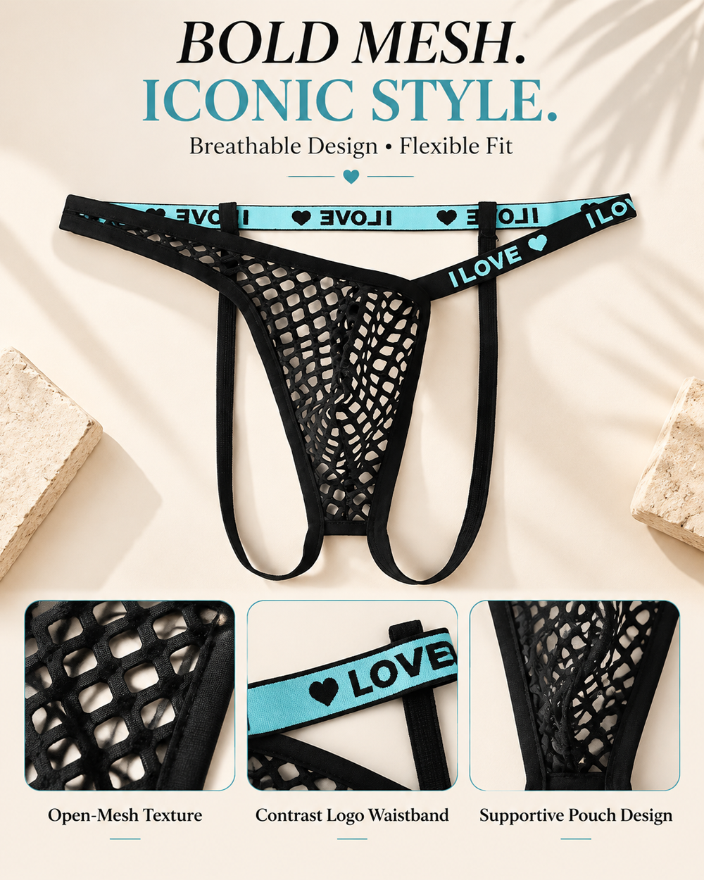 Men's Fishnet Thong with I LOVE Heart Print Waistband