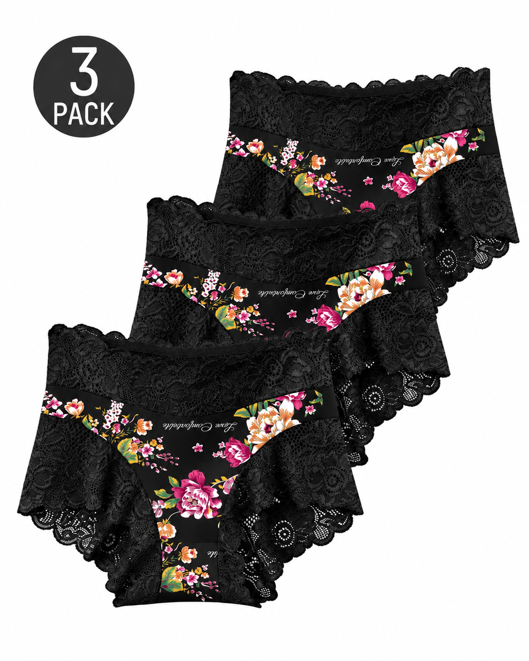 3-Pack High Waist Floral Print Lace Trim Panties