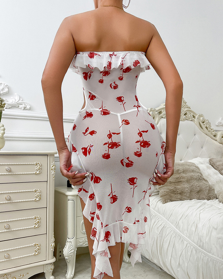 Sheer Rose Print Ruffle Cutout Lingerie Dress